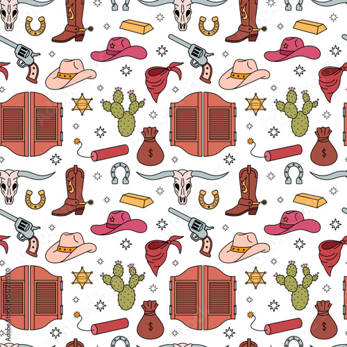 Western seamless pattern. Cowgirl boots, hat, horseshoe, cactus. Cowboy western and wild west theme wrapping paper. Hand drawn vector illustration. Doodle outlined illustration