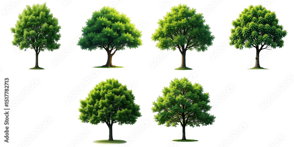 Fototapeta premium Collection of six isolated green trees with various shapes and sizes on a transparent background ideal for botanical education and design purposes.