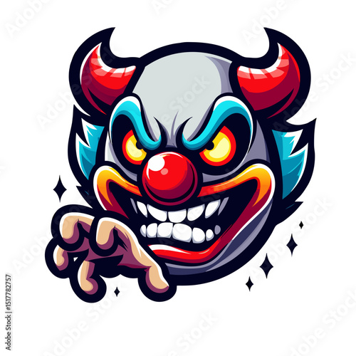 Evil clown head with menacing expression and red horns
