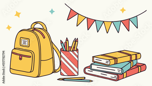 Cheerful school supplies including backpack, books, and pencil holder  