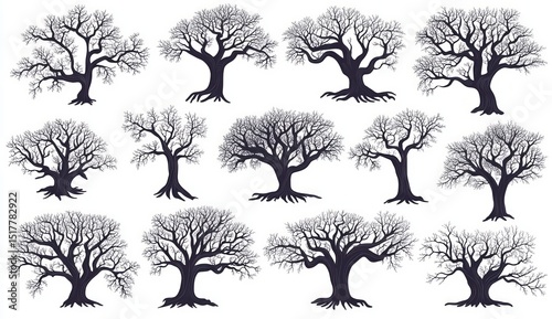 Collection of Black and White Bare Tree Silhouettes on White Background