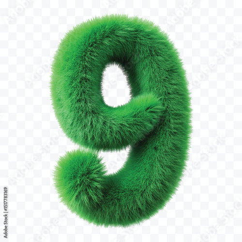 abstract 3d hairy fluffy font number 9 in different color style  isolated on transparent background