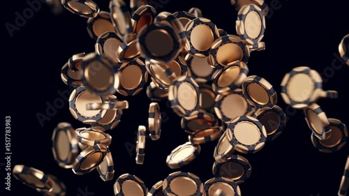 Looped 3D animation of falling golden poker chips multiplying in dark space. The chips appear in bursts, scatter and rotate dynamically as the camera flies through them. Ideal for finance, crypto or