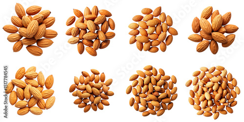 Assortment of raw almond nuts arranged in circular piles from top view on a transparent background showcasing various quantities and angles for healthy food concept.