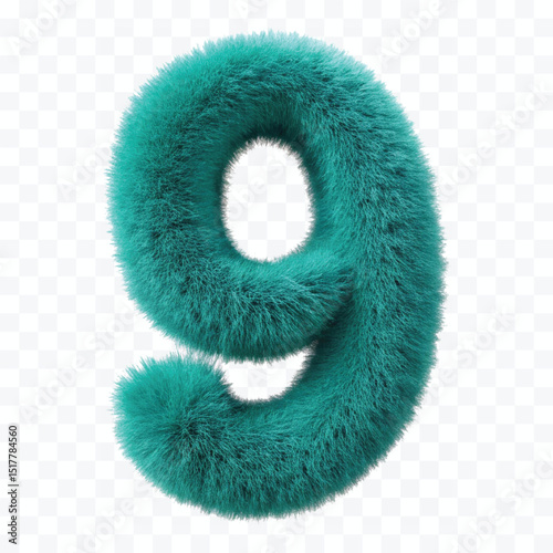 abstract 3d hairy fluffy font number 9 in different color style  isolated on transparent background