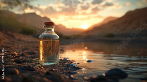 A glass bottle filled with amber liquid sits on a rocky shore at sunset, reflecting warm light against a mountainous backdrop.