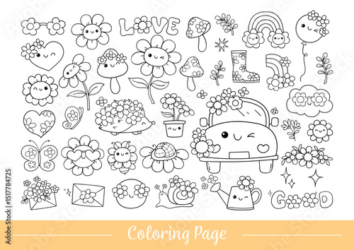 Draw vector illustration coloring page retro flower power Hippie florals Positive vibes Doodle cartoon style