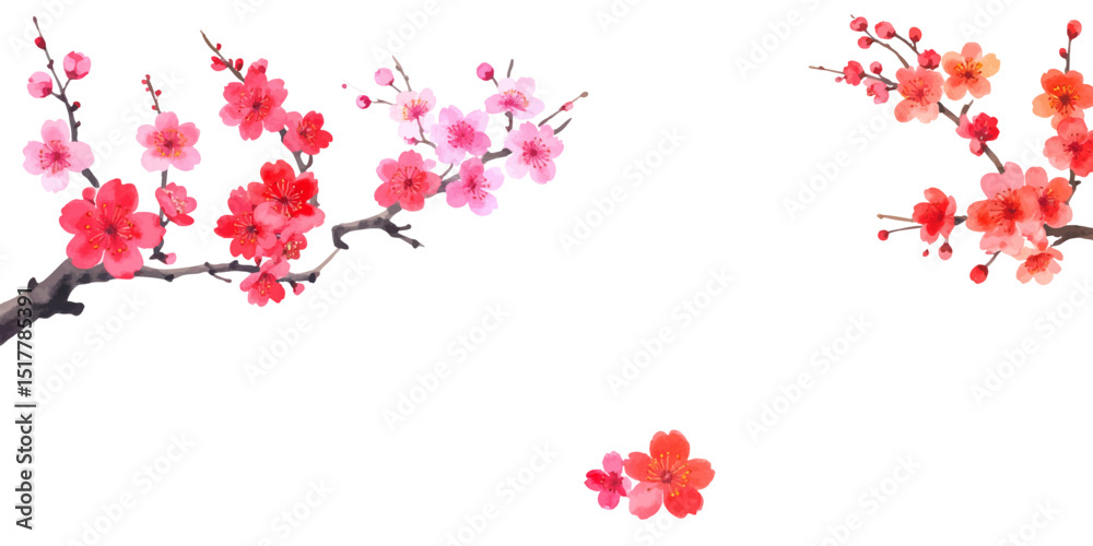 Naklejka premium Bright red cherry tree with flowers and leaves on the branches