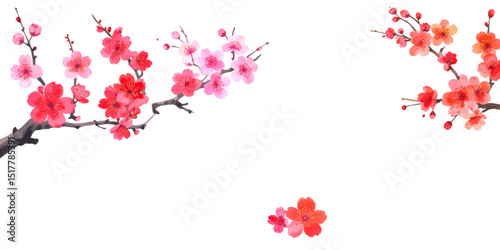 Bright red cherry tree with flowers and leaves on the branches
