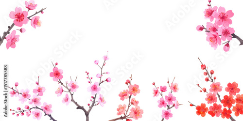 Pink cherry blossom floral border design with spring tree branches