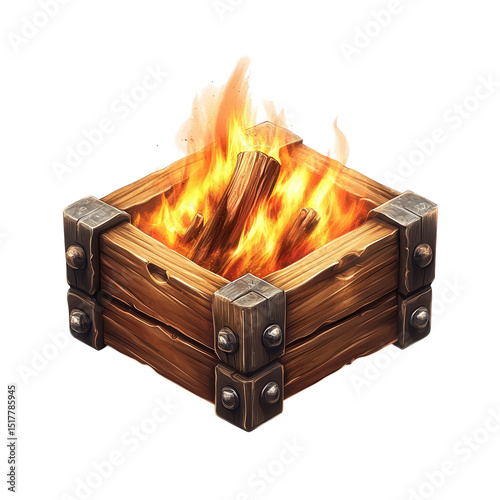A crackling fire burns brightly within a sturdy wooden crate evoking on transparent background