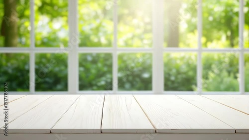 Wooden table with sunlight streaming through window, green nature and bright empty background create peaceful, fresh interior perfect for product display in natural, clean, and bright home space.