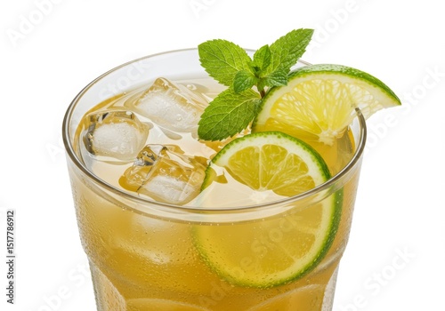 Refreshing summertime drink with lime, mint and ice cubes creating cool mood