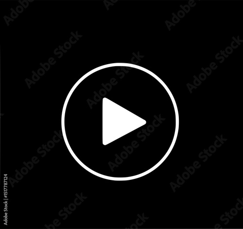 Play Button Icon: A minimalist, monochrome vector illustration of a classic play button symbol within a circle, ideal for digital interfaces and media applications.