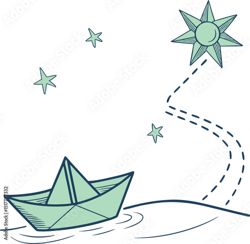 Paper boat sailing under shooting star night sky