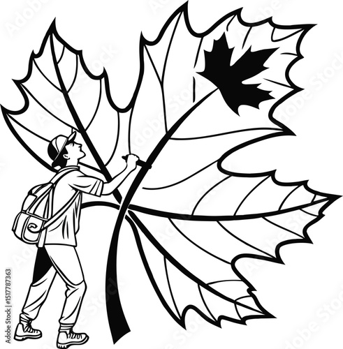 Person exploring giant maple leaf nature