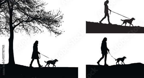 Set of 3 Silhouette of  a Woman Walking with her Dog. Female Pet Owner. Pet Lover Clipart. Stylish Woman Walking Pets.