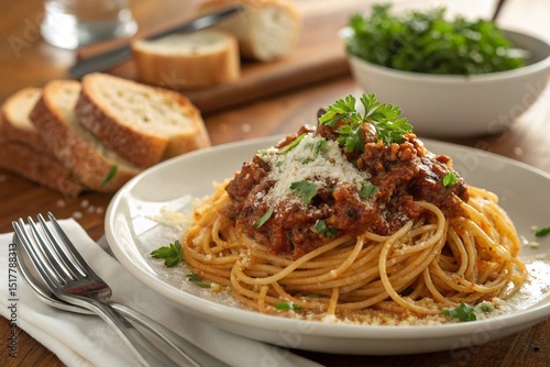 Delicious spaghetti with meat sauce and parmesan cheese isolated on white background photo