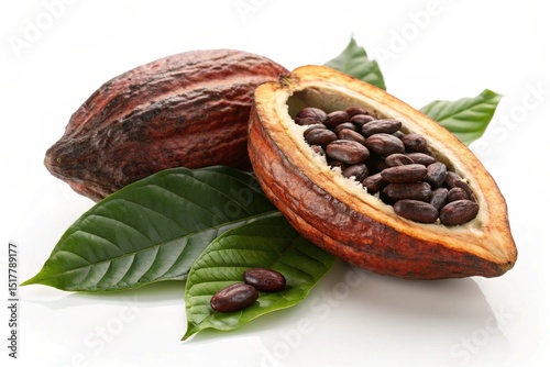 Open cocoa pod with beans and leaves isolated on white background photo