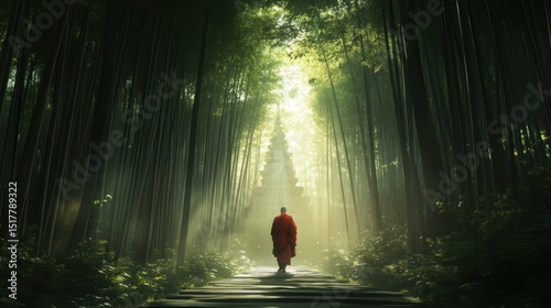 A person in a red robe walks through a serene bamboo forest with sunlight filtering through tall green bamboo stalks and misty air.