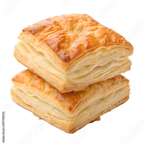 Two golden brown puff pastry squares isolated on transparent background
