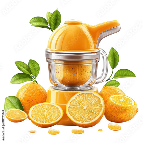 Bright orange electric juicer extracting fresh juice for a healthy morning on transparent background