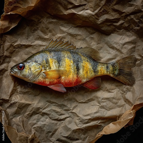 A close-up shot of a perch fish resting on a textured brown paper background. The fish has a vibrant yellow, black, and red coloration and its scales are clearly visible.