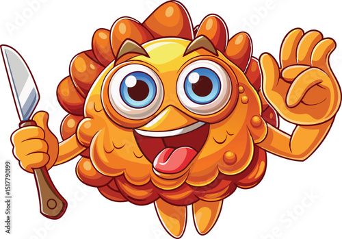 Retro Cartoon Fried Chicken Character – Running with Knife and Fork in Whimsical Comic Style