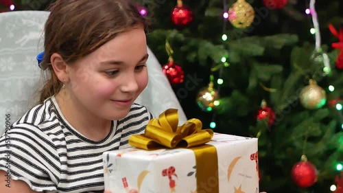 A beautiful little girl holds a gift with a golden bow on the background of a Christmas tree. The child looks at the gift with burning eyes. Selective focus.