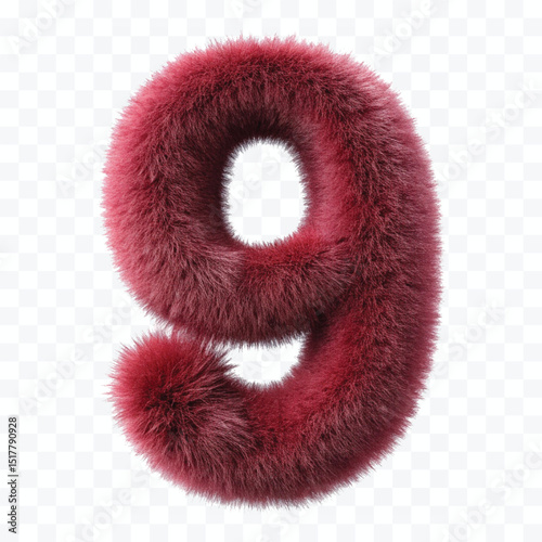 abstract 3d hairy fluffy font number 9 in different color style  isolated on transparent background