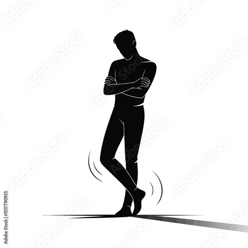 Silhouette of a contemplative person with arms crossed leaning on a line concept of thought and reflection in black and white art