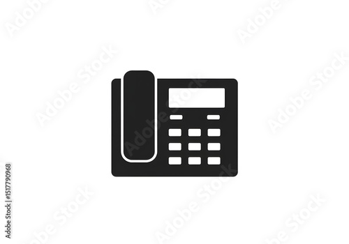 A simple black and white graphic illustration of a desk phone with a handset and keypad display