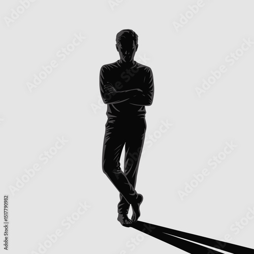 Silhouette of a man standing alone with shadow against a white background depicting concepts of solitude and contemplation
