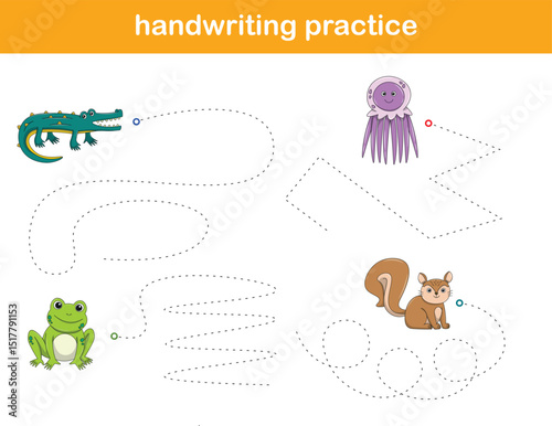 Handwriting Practice. Tracing lines for kids with animals. Vector Illustration