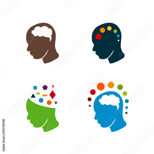 Creative head logos featuring brains and abstract elements.