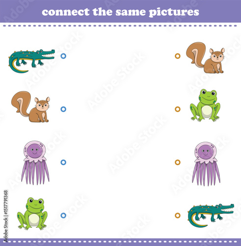 Education game for children connect the same picture of cute cartoon wild animal printable. Vector Illustration