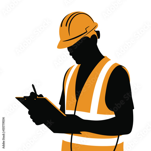Construction worker silhouette with clipboard and hard hat inspecting a project or documentation with a focus on safety