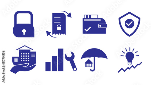 Vector icon set representing business protection and recovery, including symbols for security, finance, support, innovation, and risk management in a clean flat style