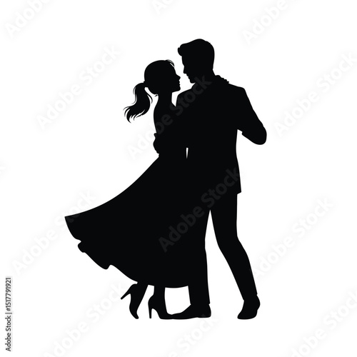 Elegant silhouette of a romantic couple dancing together in embrace representing love and connection against a simple white background