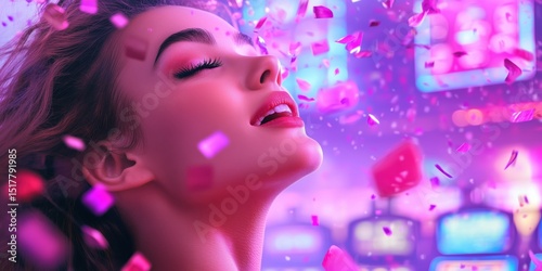 Beautiful woman basking in confetti under neon lights of a casino. Glamorous moment of joy and success, surrounded by slot machines and vibrant purple-pink celebration atmosphere..