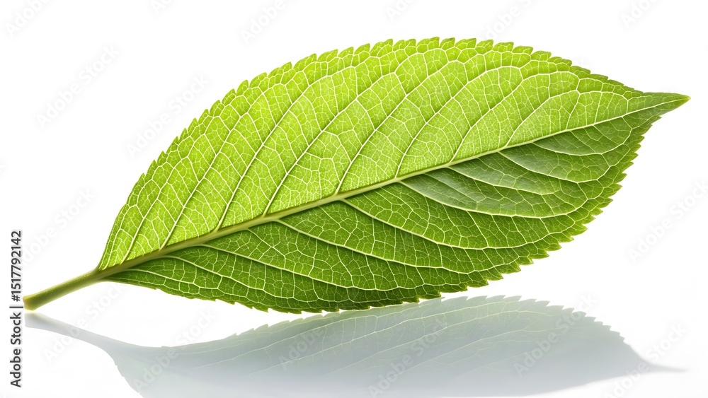 Fototapeta premium Green leaf with intricate vein patterns isolated on white background