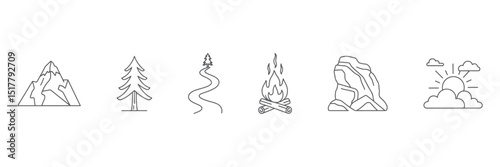 Mountain Landscape with Pine Tree, Winding Trail, Campfire, Rock Formation, and Sun with Clouds in a Scenic Outdoor Setting

