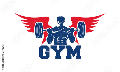 Strong figure lifting weights, with wings, in a gym .