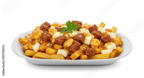 Canadian poutine dish with french fries, cheese curds, gravy and beef bites