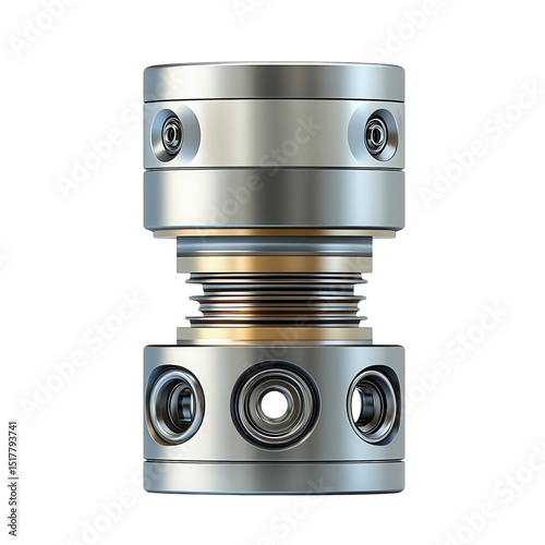 Industrial metal joint component symbolizing precision engineering and on transparent background