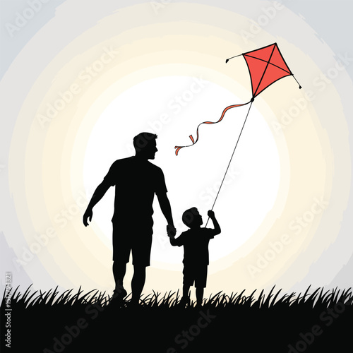 Father and son silhouette enjoying kite flying outdoors celebrating family bond together in a peaceful sunset scene