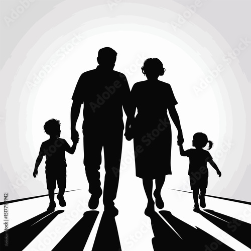 Silhouette of a family walking together symbolizing love and support in a modern flat design style with long shadows
