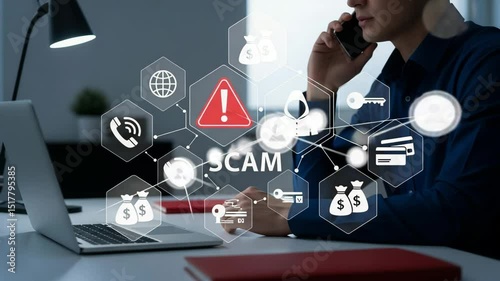 Man on phone with scam graphic overlay on desk with laptop and lamp in a dimly lit room setting