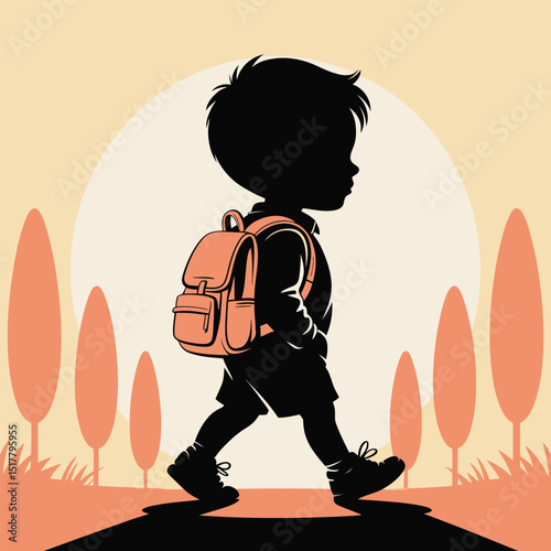 A silhouette illustration of a schoolboy with a red backpack walking towards school against a pale yellow background with trees