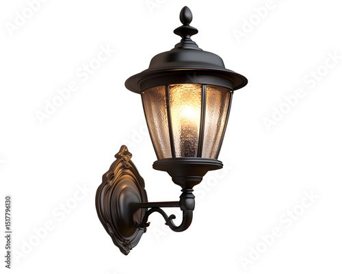  A European-style outdoor wall lamp with a warm lighting effect, warm color tone, transparent background,